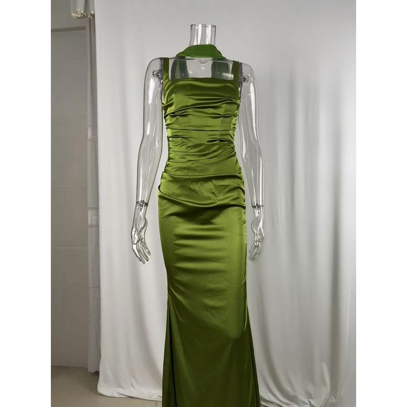 European and American Style Sleeveless Green Satin Backless Dress with Tie-Up Skirt Maix Dress New