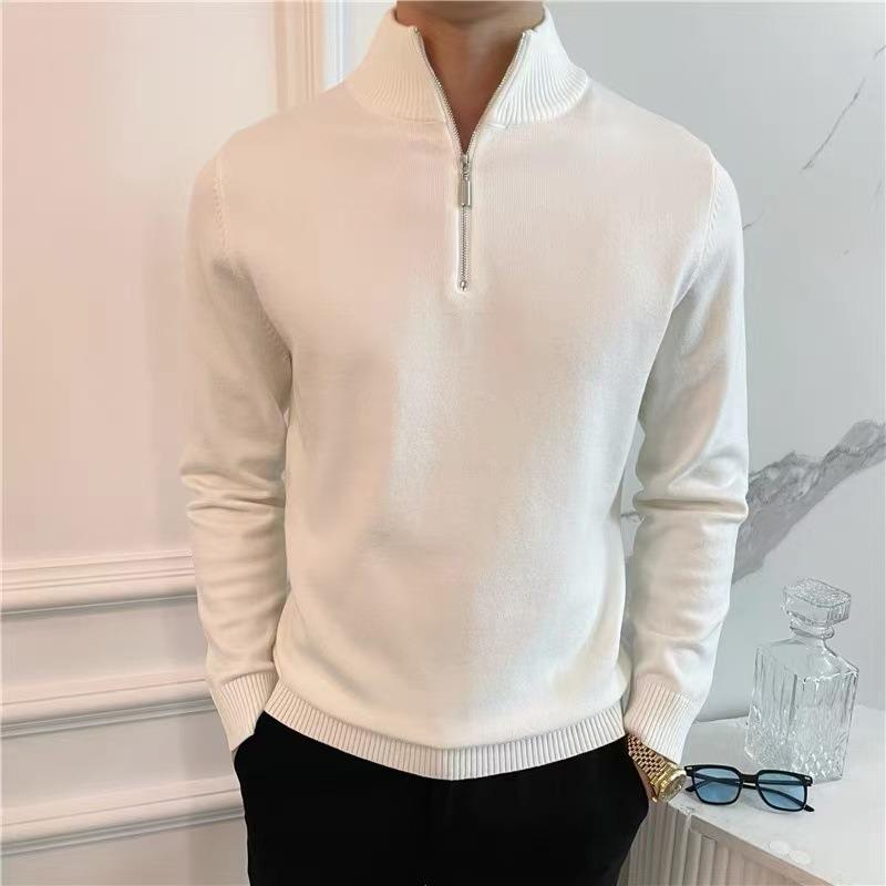 Men Half Zipper Long Sleeve Solid Color Business Fitted Knit Sweater Bottoming Shirt