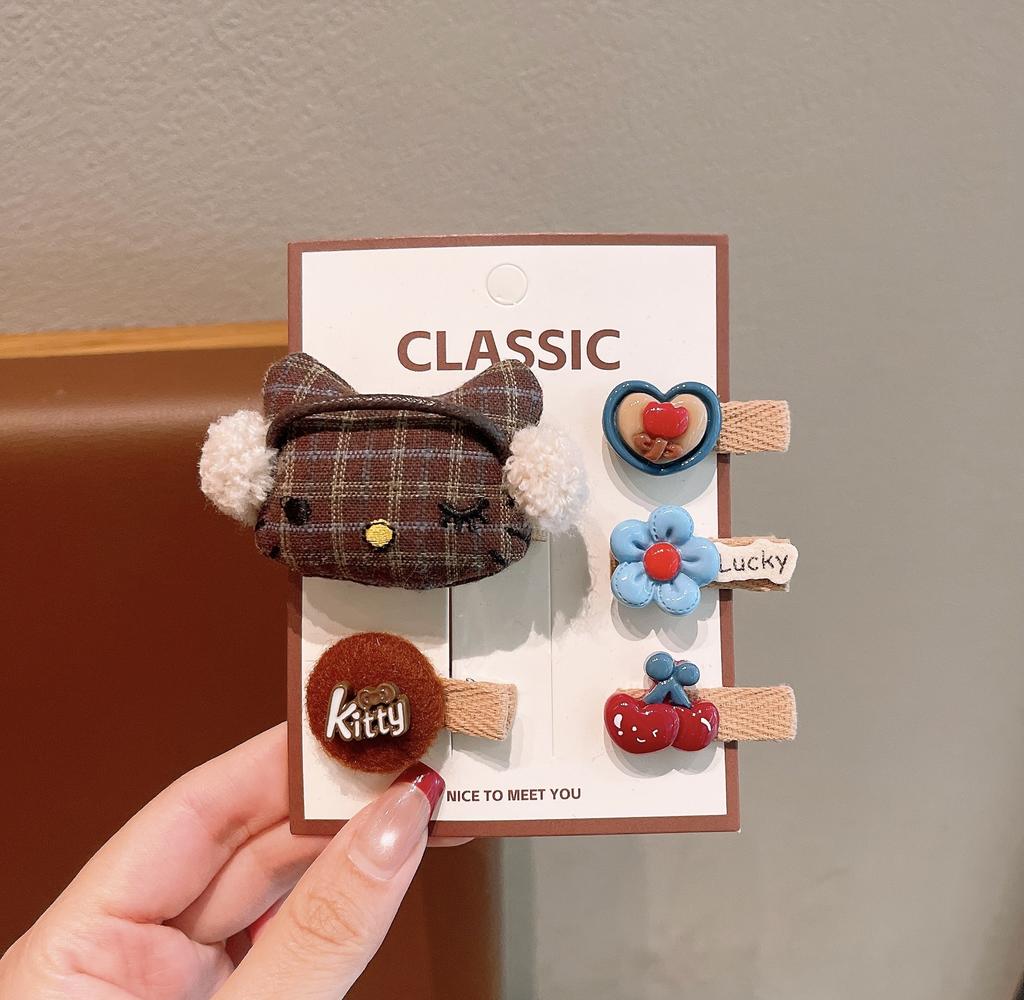 Cute Cartoon Plaid Kt Cat Children'S Hairpin Autumn And Winter Milk Coffee Girl Forehead Bangs Clip Baby Hairpin Clip