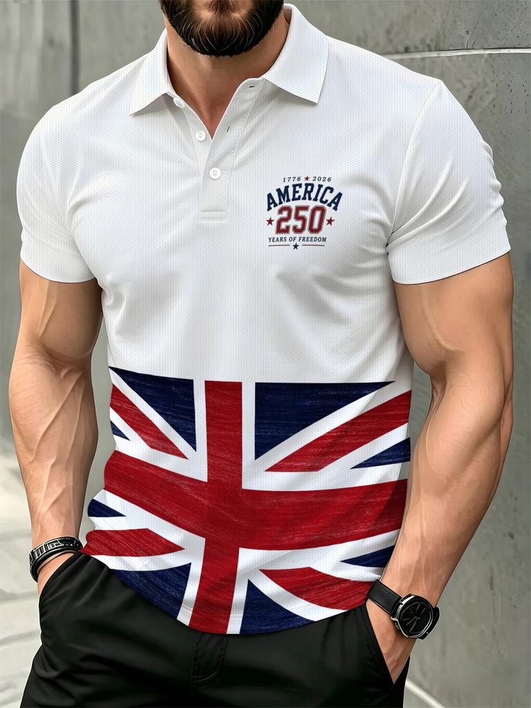 Men'S Outdoor Polo Shirt, Multi-Sizes Available, Men'S Short Sleeve Polo, Chest Letter Number Print, Hem Union Jack Pattern, Men'S Top, Suitable for