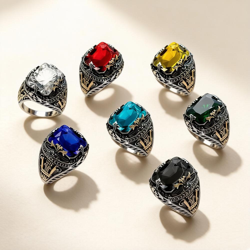 Vintage Men's Ring Stainless Steel Retro Castle Pattern Finger Ring Colorful Artificial Crystal Gemstone Statement Ring for Men