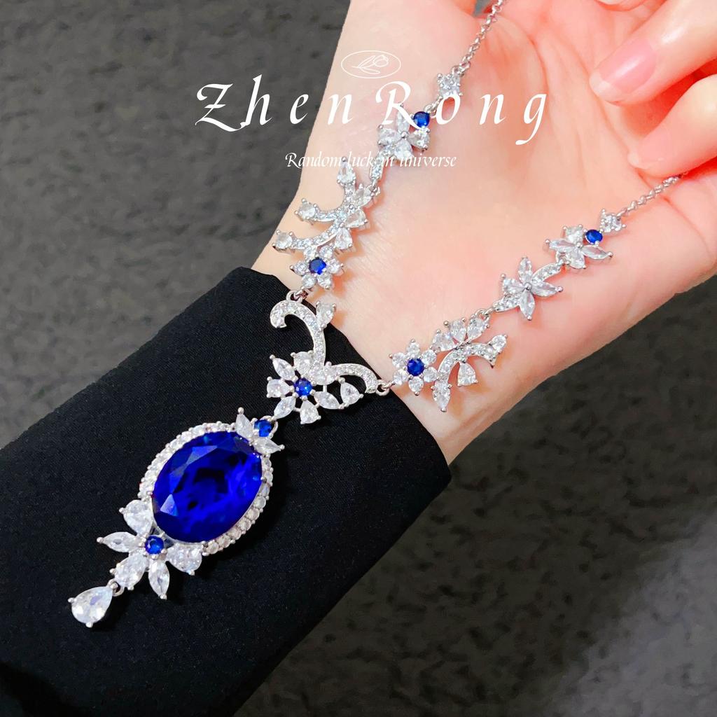 Blauer Gartenlicht Luxuriöses Tansanitisches Blaues Halsketten Premium Ring Schmuckset Saphir Ohrringe Rosa Diamant Schatz Mädchen