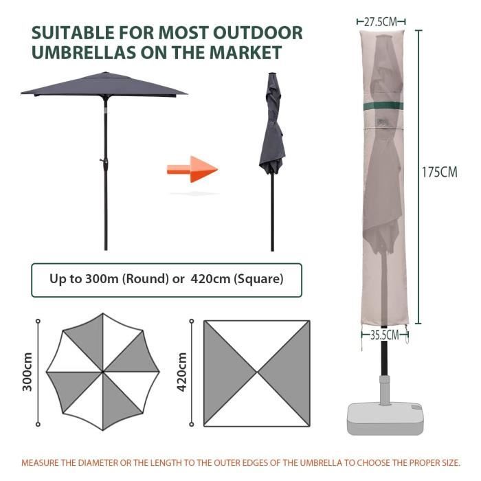 Housse de Protection pour Parasol - SEKEY - Ø 300 cm - 100% Polyester - Kaki - Grilles d’aération