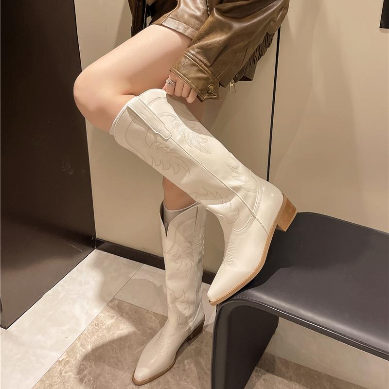 Fashion New Spring and Fall Fashionable Pointy Solid Color Women's Mid-calf Boots with Mid-heel Sleeves Embroidered Western Cowboy Boots
