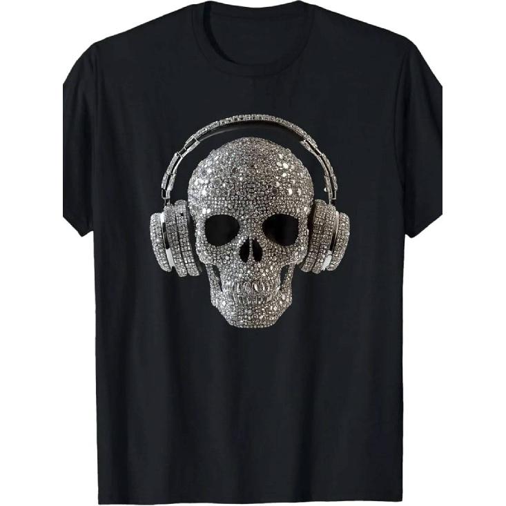 Strahlendes Bling Strass Schädel mit Kopfhörern Grafik T-Shirt - Unisex Rundhals Kurzarm T-Shirt, Super Weiche Baumwolle, Leicht Atmungsaktives Lässiges Oberteil - S schwarz