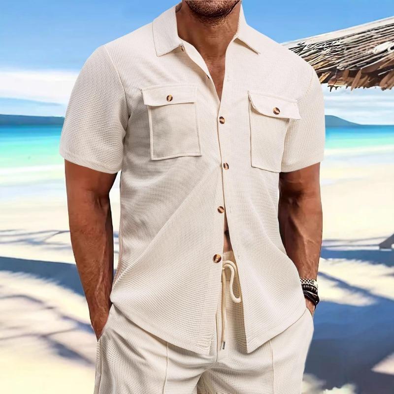 Sommer Herren Kurzarm Lässig Einfarbig Revers Knopf Tasche Vielseitiges Hemd Lockerer Pullover