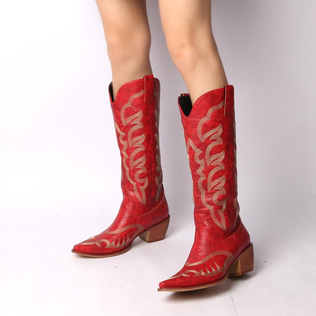 FOREADA Women Knee High Cowgirl Long Boots Pointed Toe Chunky High Heels Embroidery Wester Gogo Boots Ladies Fashion Shoes Winter 43