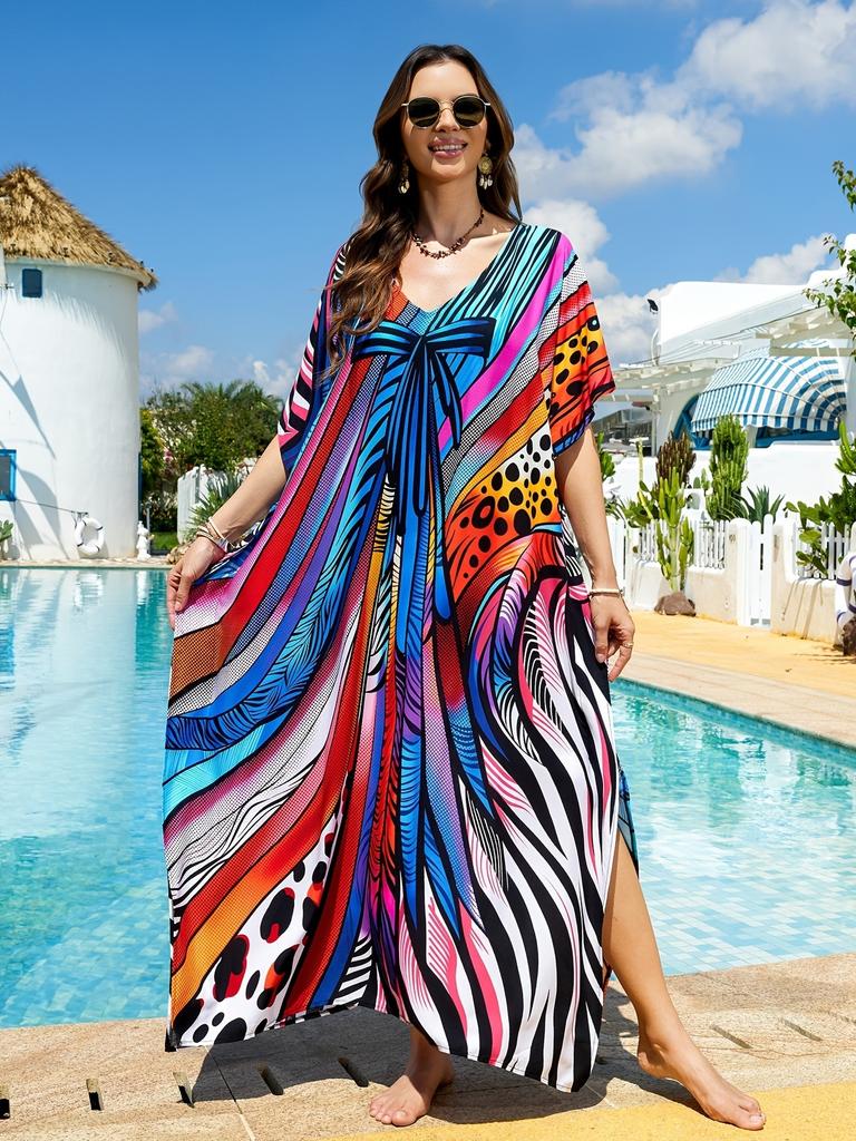 Vacation dress, long robe, loose positioned print beach cover-up, bikini dress