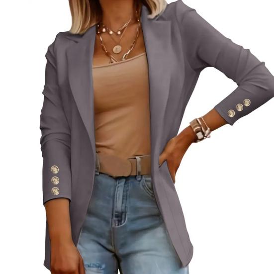 thumbnail image 2 of Women's Solid Color Blazer Jacket – Long Sleeve Open Front Lapel Blazer For Work, Office, Casual 2 of 10