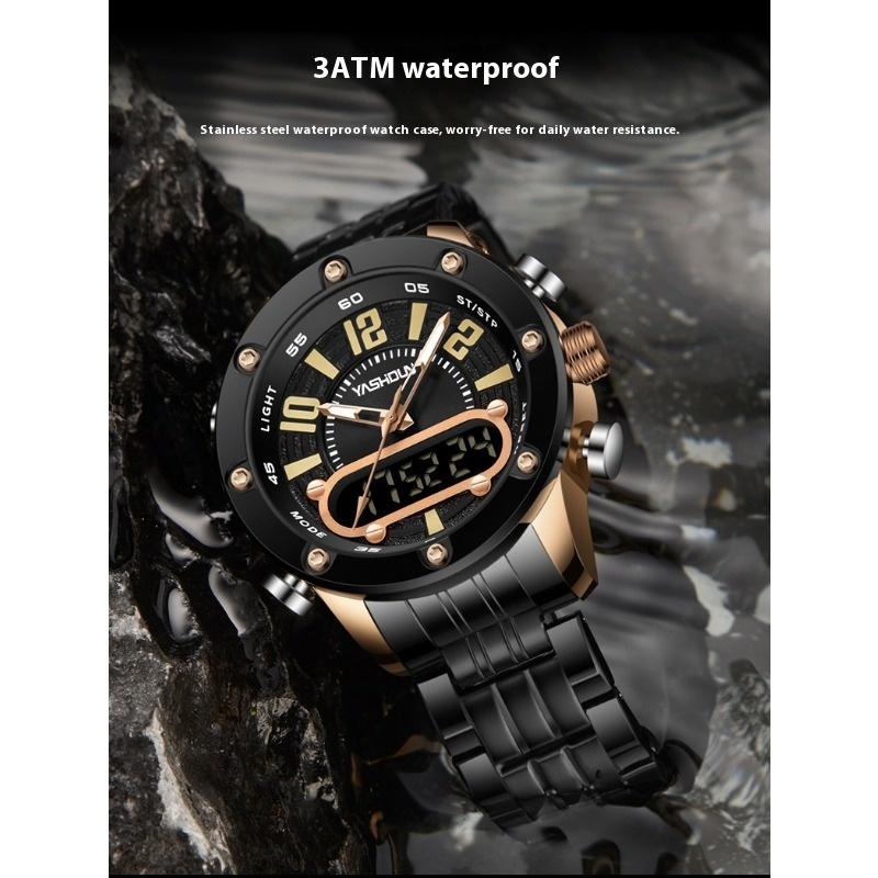 Top Brand Multifunctional Dual Display Electronic Watch Sport Men's Watch Steel Strap Quartz Wrist Watch