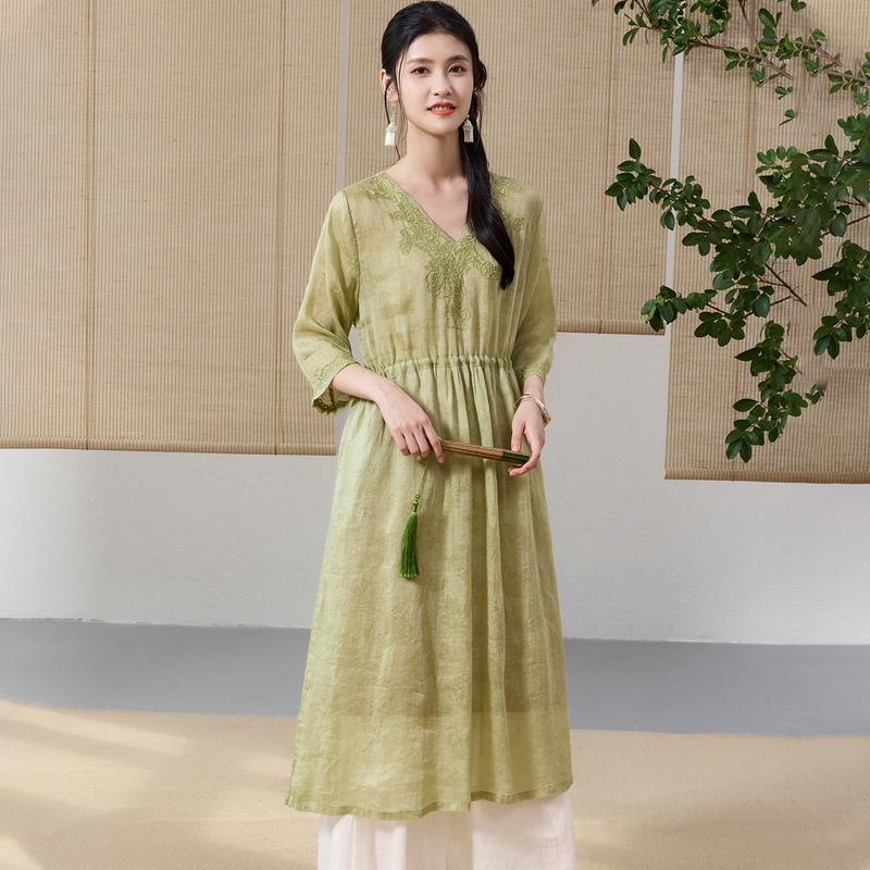 Summer 2025 Embroidered and Embroidered Collar Forest Series Loose Breathable Women's Dress