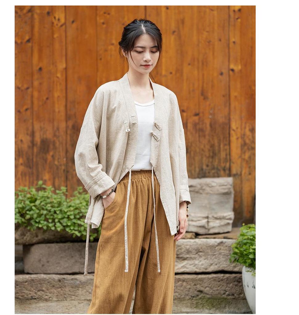 Ramie Sand-Washed Zen Style Hanfu Top – Women's Spring Edition, Cross-Collar, New Chinese Tea Art Design