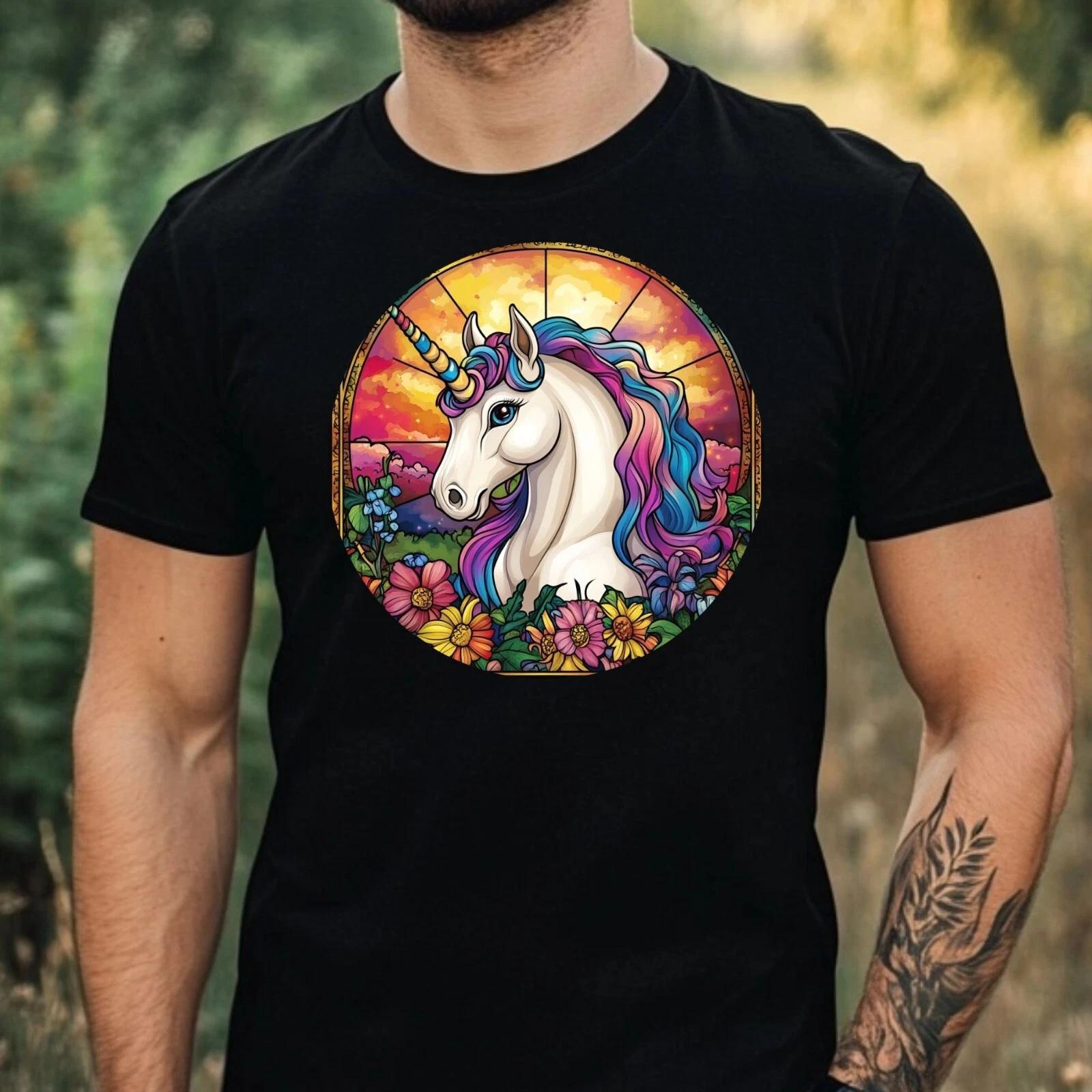 T-Shirt Herren Einhorn Buntglas Motiv Baumwolle Größe XS bis 5XL XL