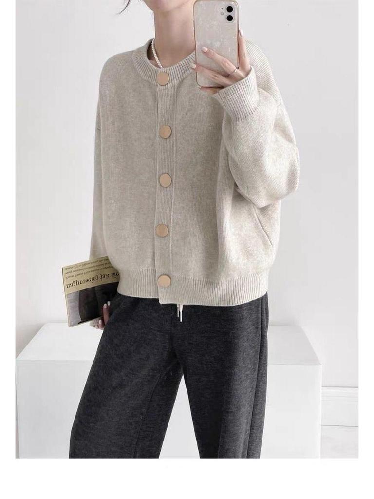 Design-Sense Einfarbiger Strickcardigan - Lockerer Rundhalsausschnitt, Einreiher, Vielseitig für Herbst/Winter 2024