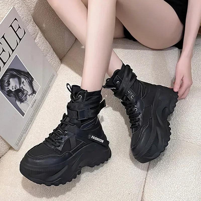Fashion Luxury Platform Ankle Boots Women Chunky Thick Sole Lace Up Motorcycle Boots for Women Light Cozy Non-slip Shoes Botas De Mujer