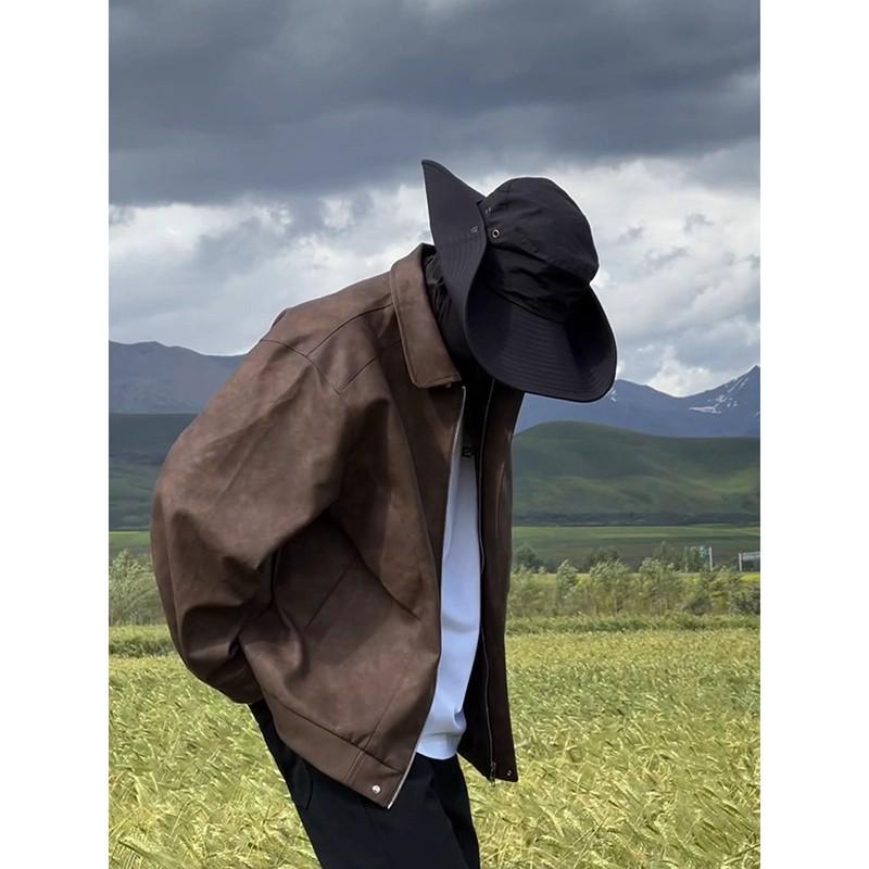 Men's Maillard Brown Waterproof Leather Biker Jacket - Spring/Autumn Turn-Down Collar