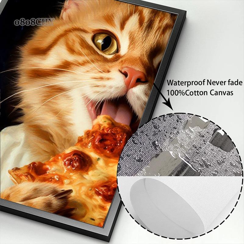 Funny Cat Eating Pizza Canvas Prints Posters Mural Cute Pet Kitten Pizza Poster Canvas Wall Art Painting Pictures for Home Decor