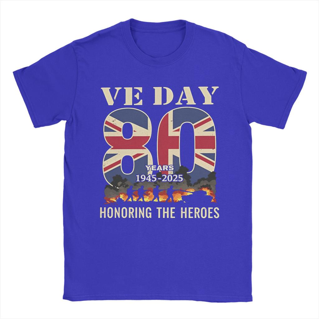Leisure Ve Day 80th Anniversary 2025 WWII Fire T-Shirt Men Crew Neck 100% Cotton T Shirts UK Flag Short Sleeve Tee Adult Clothes