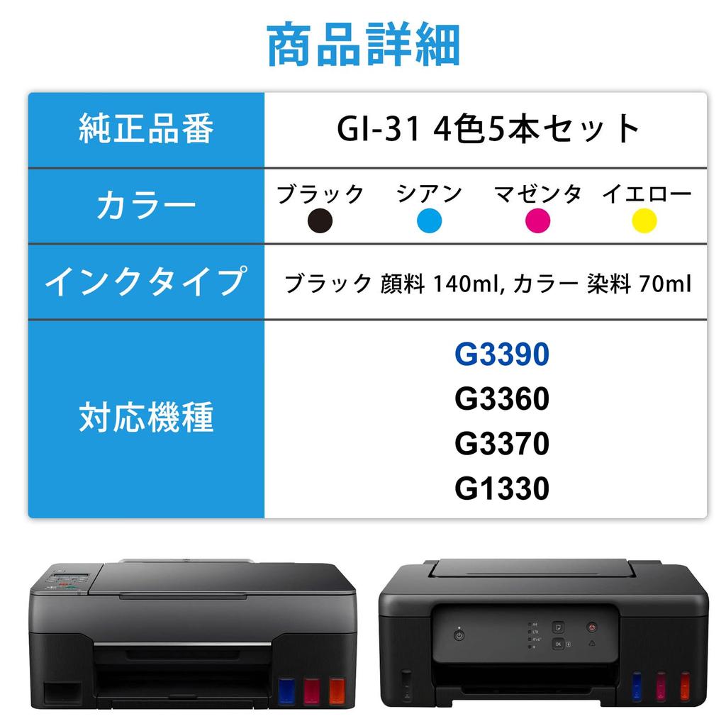 YOKUIN Compatible Ink Bottles for Canon Compatible G3370 GI-31 (5-Pack, 4-Color Set) - GI-31PGBK, GI-31C, GI-31M, GI-31Y, with G3390, G3360, G1330,
