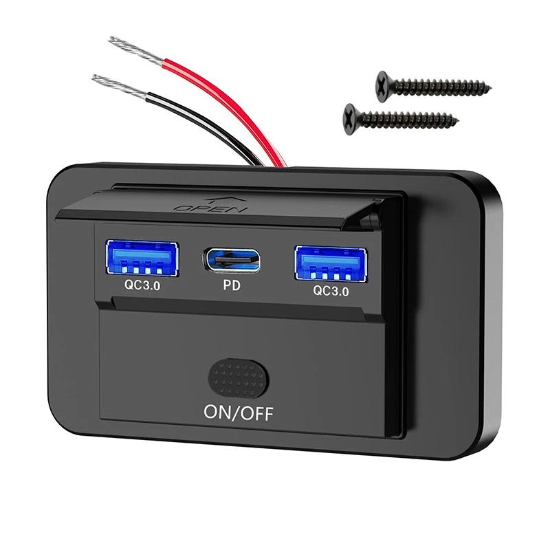 12V-24V RV USB Power Outlet 72W/90W PD3.0 USB C 36W & Dual QC3.0 18W 3-Ports Car Charger Socket Accessories for Car Bus RV Truck