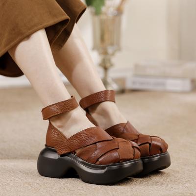 Sandali Zeppa Donna Piattaforma Retro Fatti a Mano in Vera Pelle Intrecciata con Suola Spessa