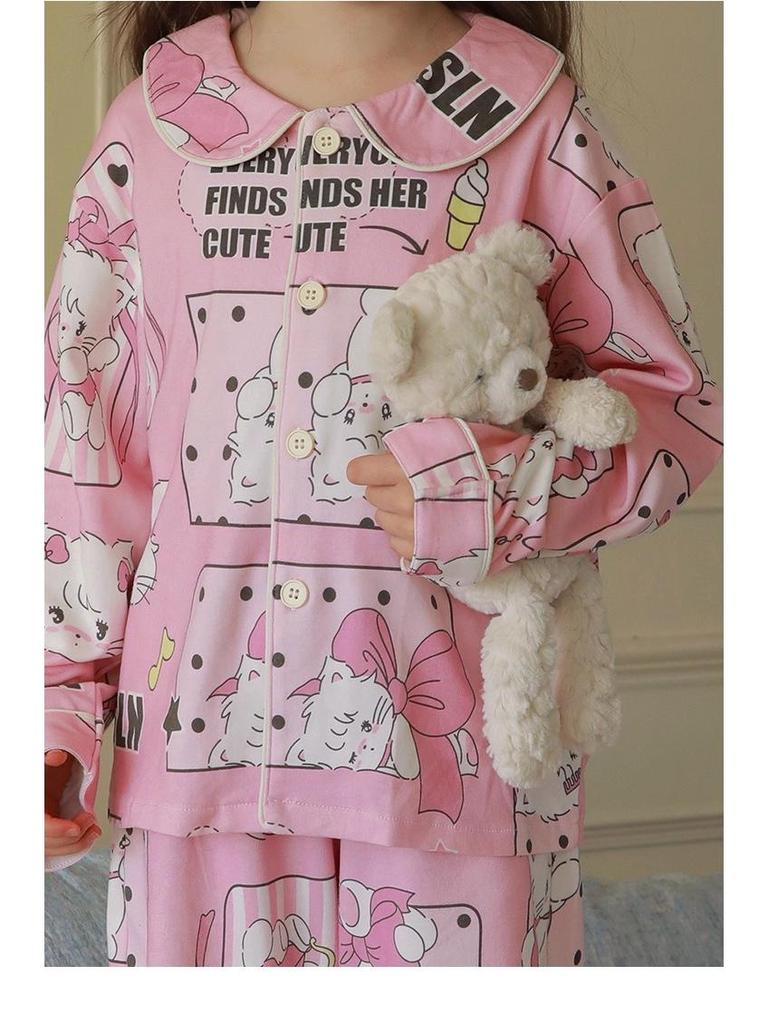 Kids' Korean Style KT Cat Pajamas - Girls' Medium/Large, Cute Cartoon Spring/Autumn Sleepwear