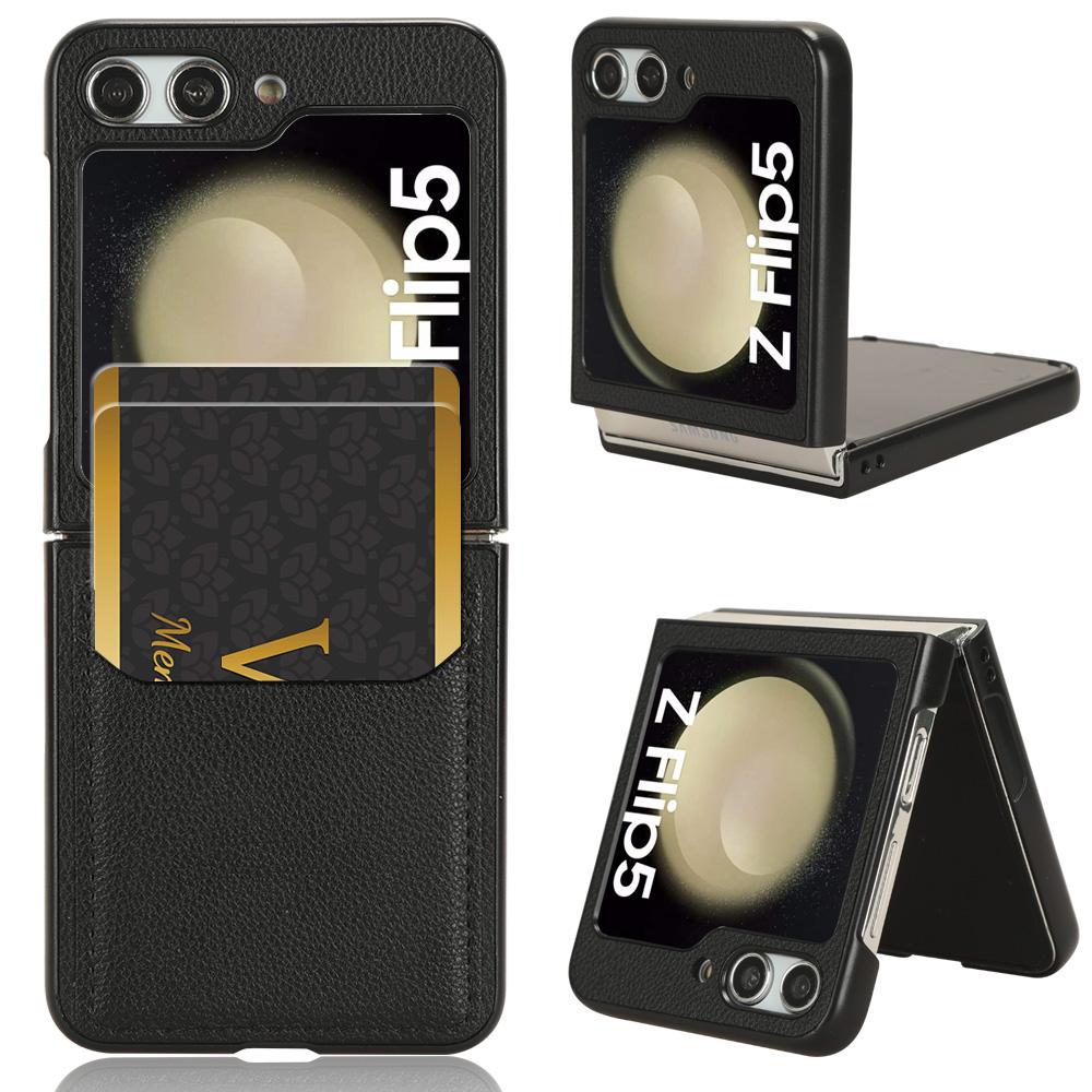 

Для Samsung Galaxy Z Flip5 5G PU Кожа+ПК Задняя Крышка Ультратонкая Текстура Личи Слот для Карт Чехол для Телефона Black