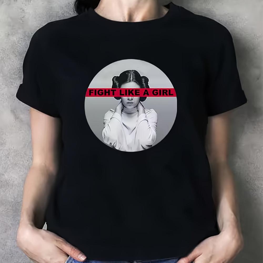 Womens Casual Graphic TShirt Fight Like A Empowering Slogan Circular Portrait Print Black with Pink White Design Short Sleeve S