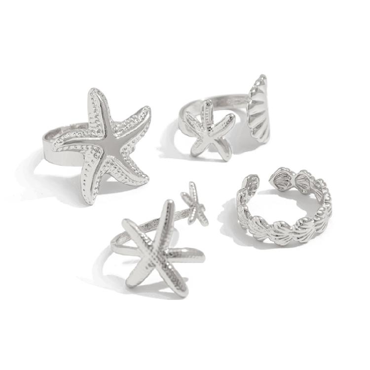 Pack of 4 Summer Gold & Silver Alloy Rings Adjustable Starfish Design Women's Beach Jewelry Set Coastal Fashion Accessories