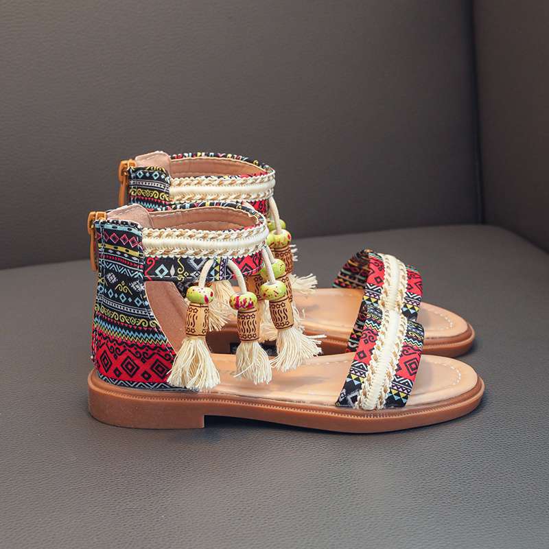 Children's Roman shoes Girls' sandals Summer 2025 New middle-aged and older children's Korean version soft-soled ethnic style retro princess shoes