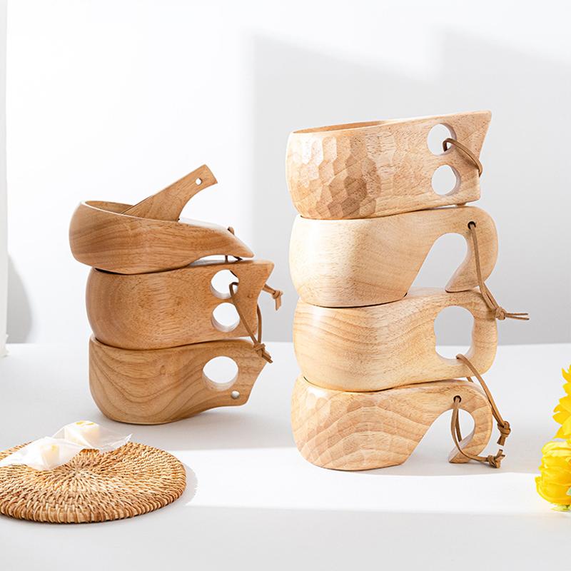 Finnland Kuksa Gummiholz Wasserbecher Tragbarer Kaffeebecher mit Henkel Rindsleder Seilhaken Saft Milch Bier Tee Tasse Outdoor Trinkgeschirr