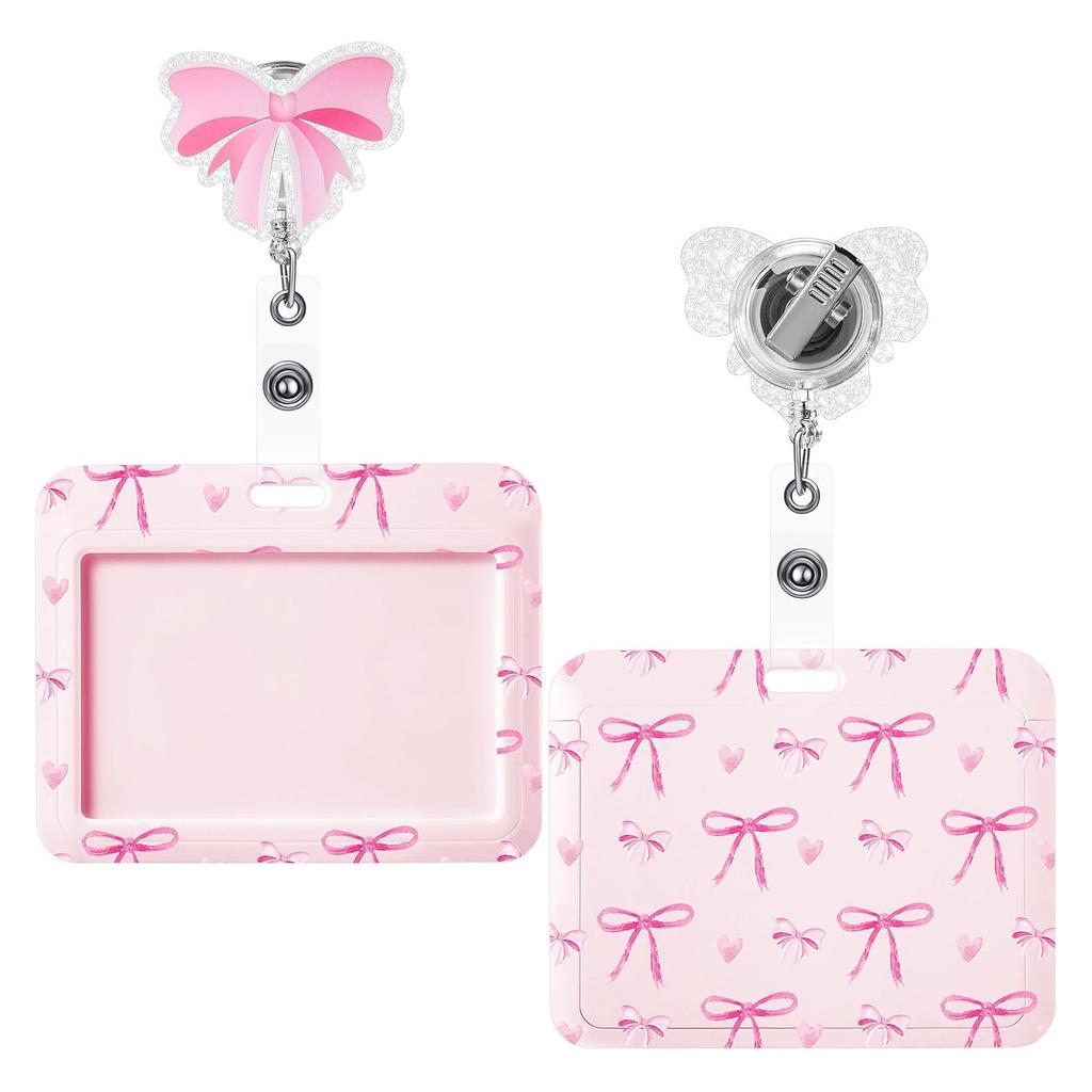 Pink Bow Gifts Horizontal ID Name Tag Badge Card Holder Retractable Badge Reel Alligator Clip Doctor Nurse Office Accessories