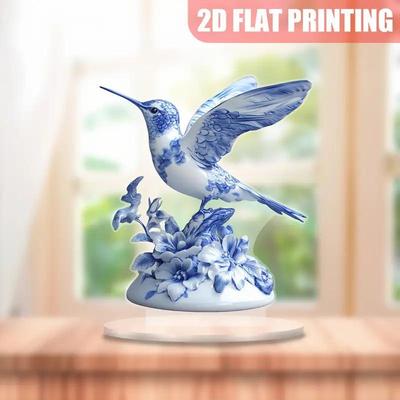Modrobílý porcelánový kolibřík - Stolní dekorace - Ideální pro kancelář nebo ložnici