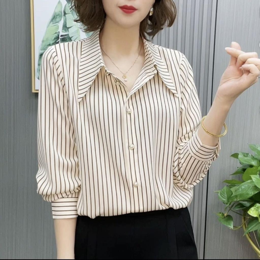 New Fashion Women's Stripe Shirt Spring/Summer Korean Long Sleeve Bottoming Blouse Turn Down Collar Top L-7XL