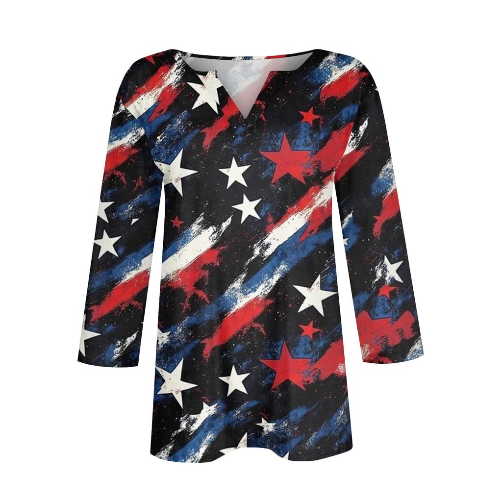 Womens V Neck 3 Quarter Sleeve Independence Day Print Shirt Casual Loose Fit Patriotic Top for Summer and Fall