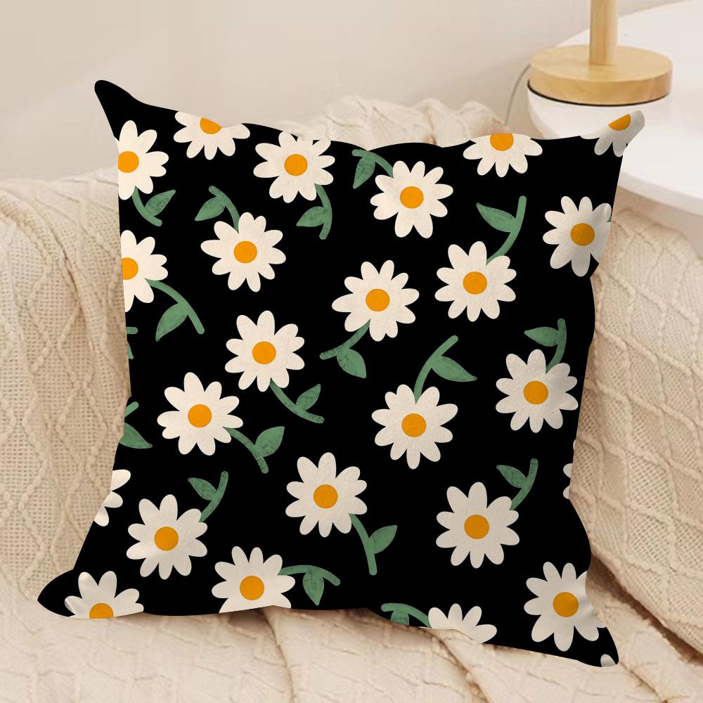 Classic Black Daisy Cushion Cover Short Plush Doublesided Print Square Throw Pillow Covers Sofa Home Cushion Decor
