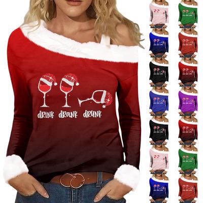 Kadın Günlük Moda Seksi Omuz Düşük Yaka Noel Desenli Uzun Kollu Bisiklet Yaka Tişört Üst