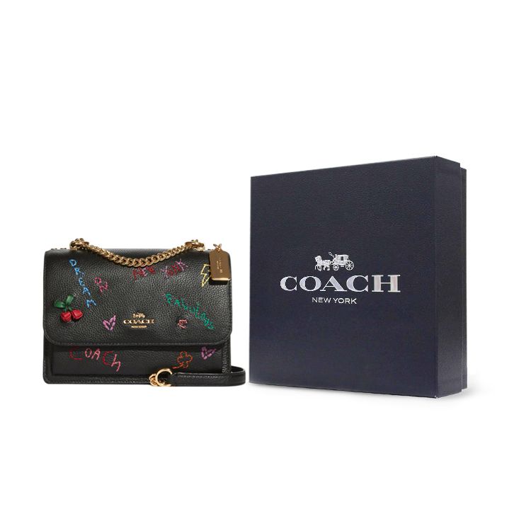 Coach X Diary Embroidery Klare 22 Solid Color Diary Embroidery Flap Chain Leather Accordion Shoulder Crossbody Bag Small Women bags Black C8283-IMA47