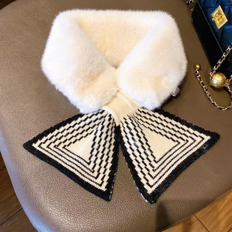 Autumn and Winter New Imitation Rabbit Plush Scarf Fashionable and Warm Simple and Versatile Cross Striped Knitted Plush Neck Protection Scarf