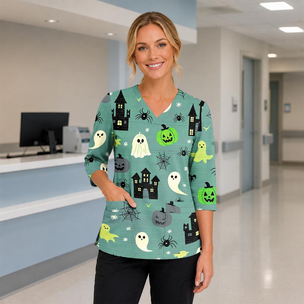 Womens Halloween Print V Neck Medical Scrub Top with Pockets Side Slits and Three Quarter Sleeves Halloween Themed Nurse Uniform Shirt