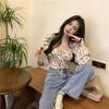 French Floral Square Collar Shirt Female Elegant Design Sense Niche Bubble Sleeve Slim Tops Vintage Pleated Spring Collarbone Blouse