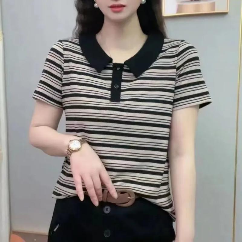 

High-end Women s Summer Fashion Collar Short-sleeved Cotton T-shirt New Style Women s Casual Age-reducing Shirt L чёрный
