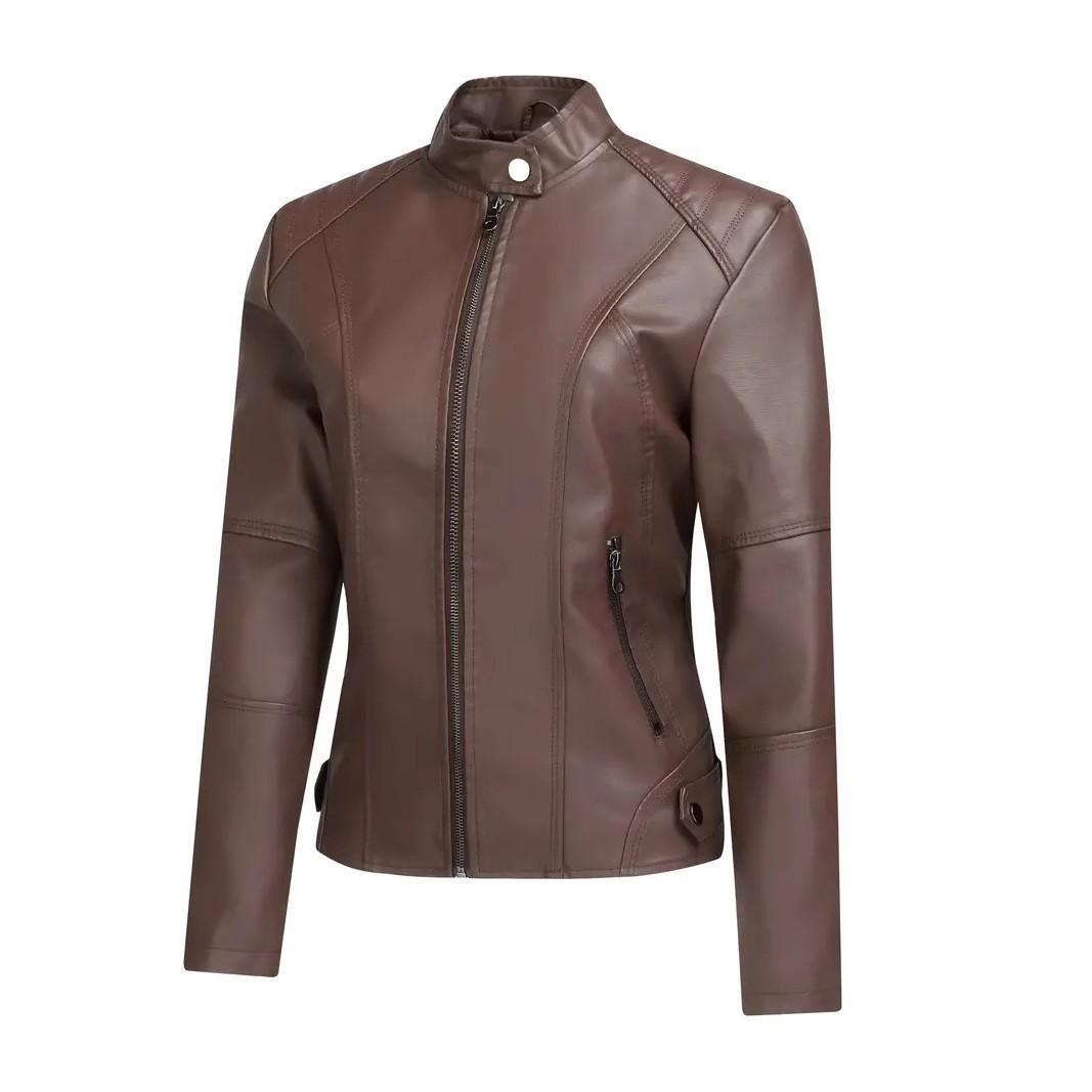 

2025 Women s European & American Leather Motorcycle Jacket - Vintage Short Zipper Style XL коричневий