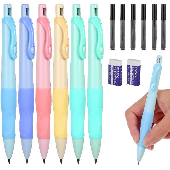 Mechanical Pencils Thick Pencils with Comfort Ergonomic Grip, Aesthetic Supplies with 6 Leads Refills, 2 Pcs Erasers - 6PCS Colorful 2.0MM Pencil for