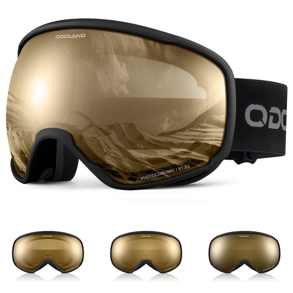 Odoland Photochromic Snow Goggles with Mirror OTG Glasses UV400 Automatic Impact Adult Size Color-Changing Lenses, Anti-Fog, Compatible, Protection,