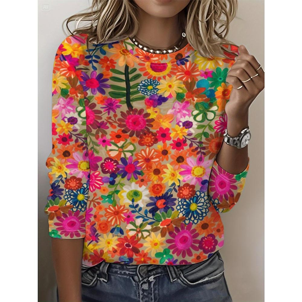 Women's Elegant Special Multicolor Floral Print Long Sleeve T-Shirt Round Neck Blouse with Vibrant Flower Pattern Spring