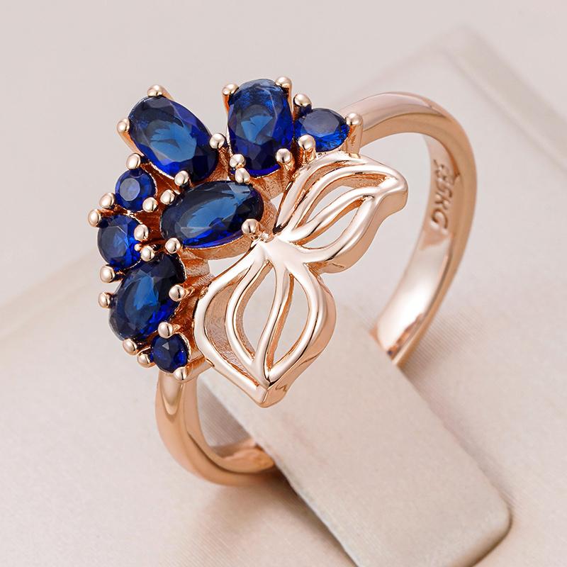 Blue Natural Zircon Ring For Women Luxury  Rose Gold Color Crystal Flower Bride Party Accessories Vintage Jewelry