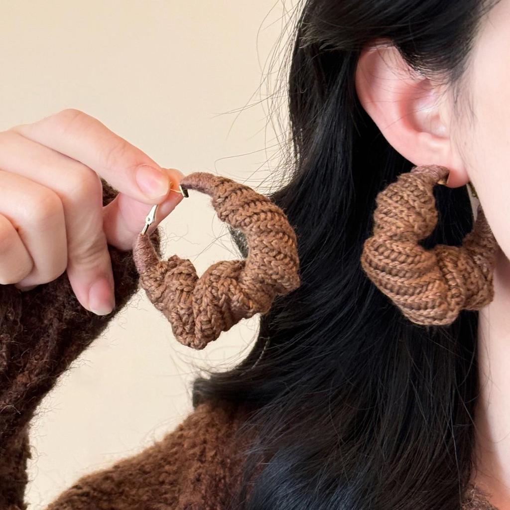 High-End Silver Needle Wool Knitted Round Hoop Earrings - Simple, Versatile, Retro Style for Women