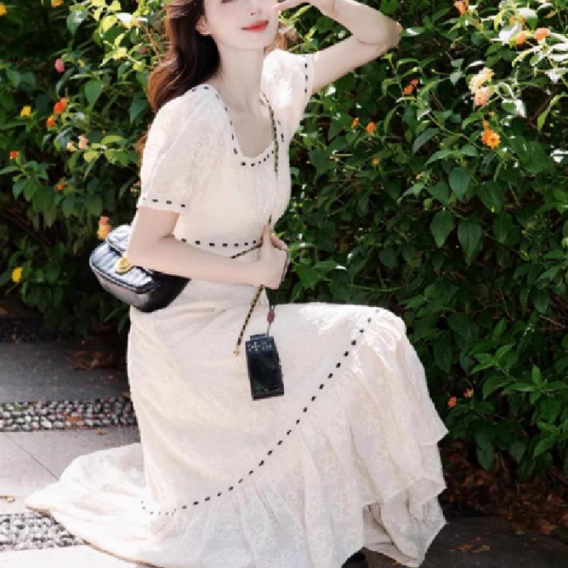 French Style White Puff Sleeve Summer Dress M