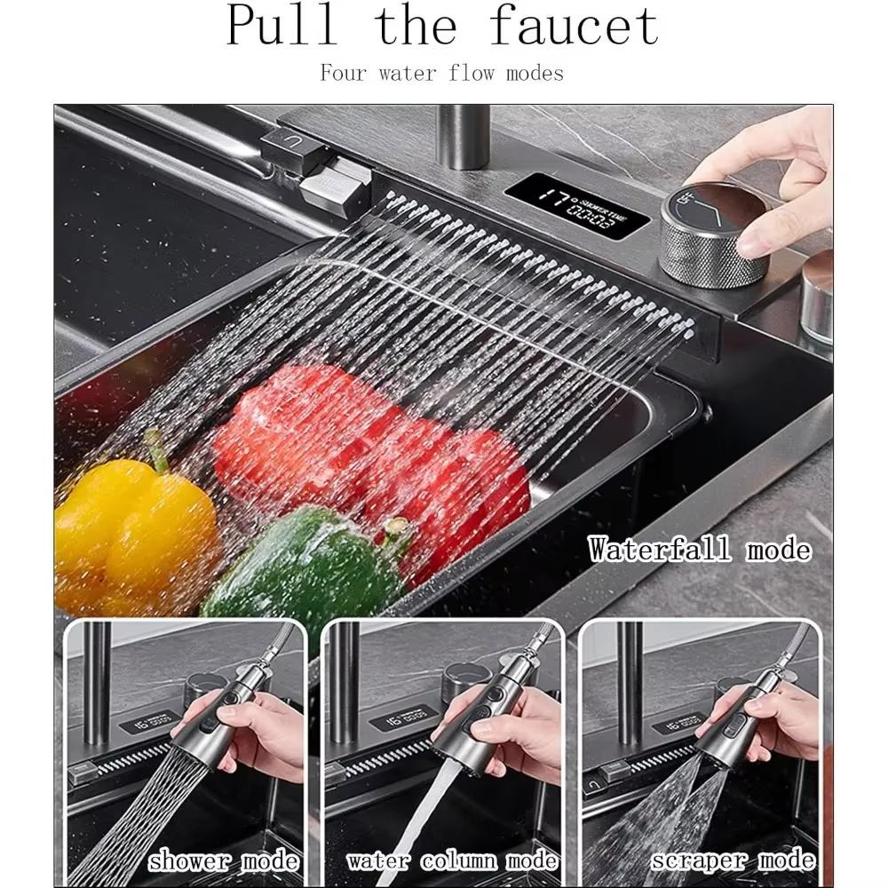 Kitchen Sink Waterfall Sink Temp Digital with cup washer Counter Controls Workstation Kitchen Sink single kitchen sinks Black